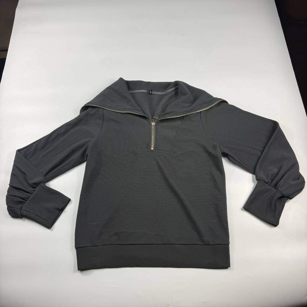 Efan Womens Medium Gray Ribbed Quarter Zip Pullover Sweatshirt